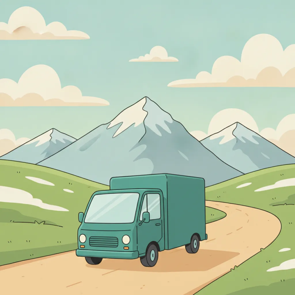 Comic-Illustration: kleiner teal Transporter fährt vor Schweizer Alpenpanorama – Beiladung von Berlin in die Schweiz