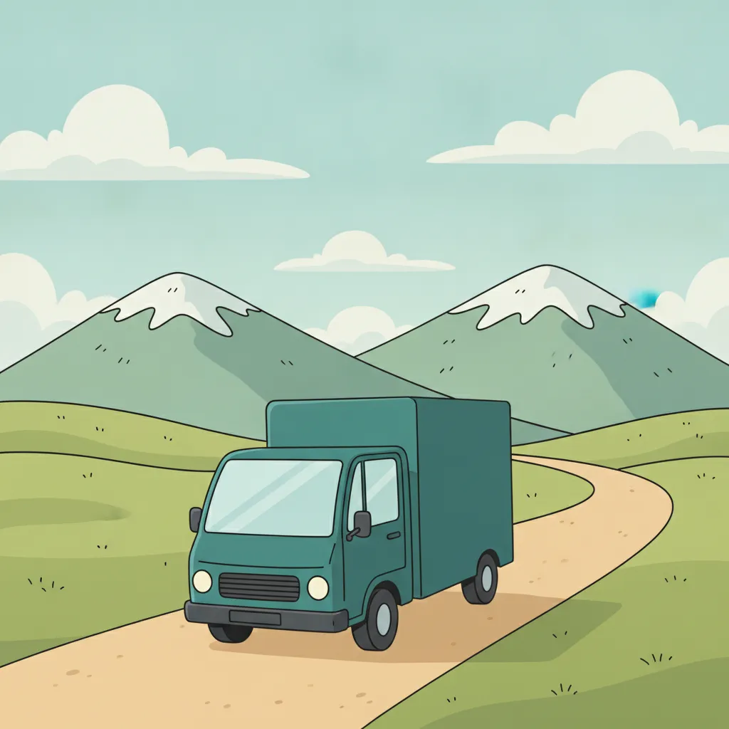 Comic-Illustration: kleiner teal Transporter fährt vor österreichischem Alpenpanorama – Beiladung von Berlin nach Österreich