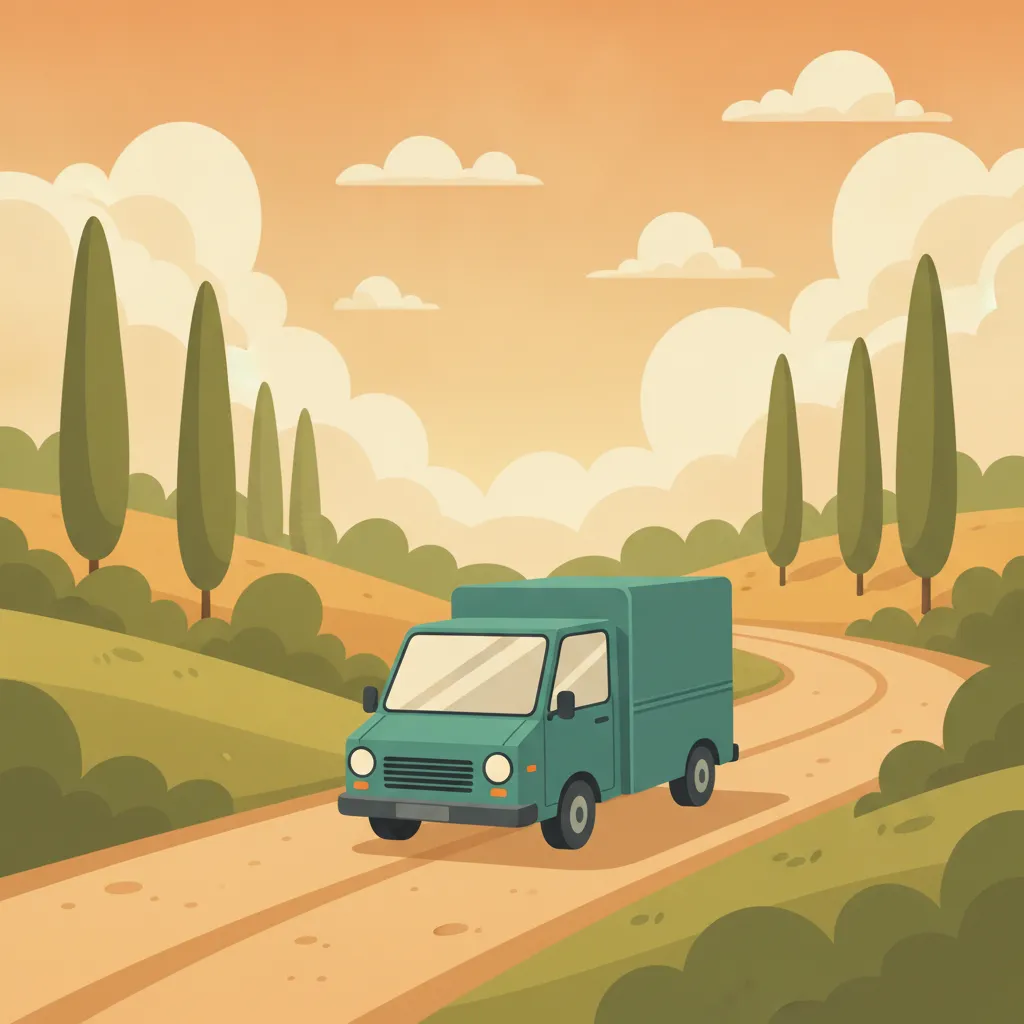 Comic-Illustration: kleiner teal Transporter fährt vor italienischer Hügellandschaft mit Zypressen – Beiladung von Berlin nach Italien