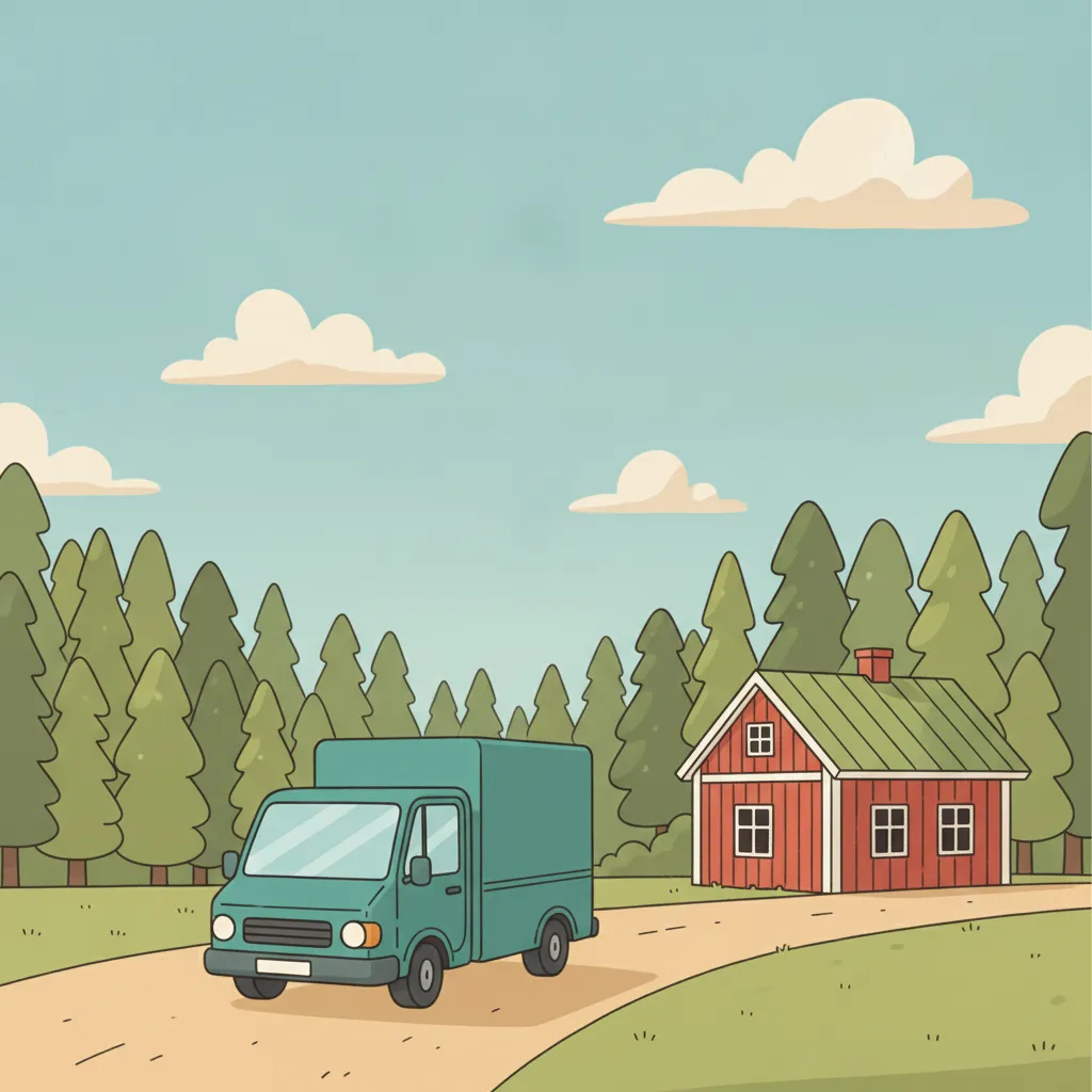 Comic-Illustration: kleiner teal Transporter vor schwedischer Landschaft mit rotem Holzhaus und Wald – Beiladung von Berlin nach Schweden
