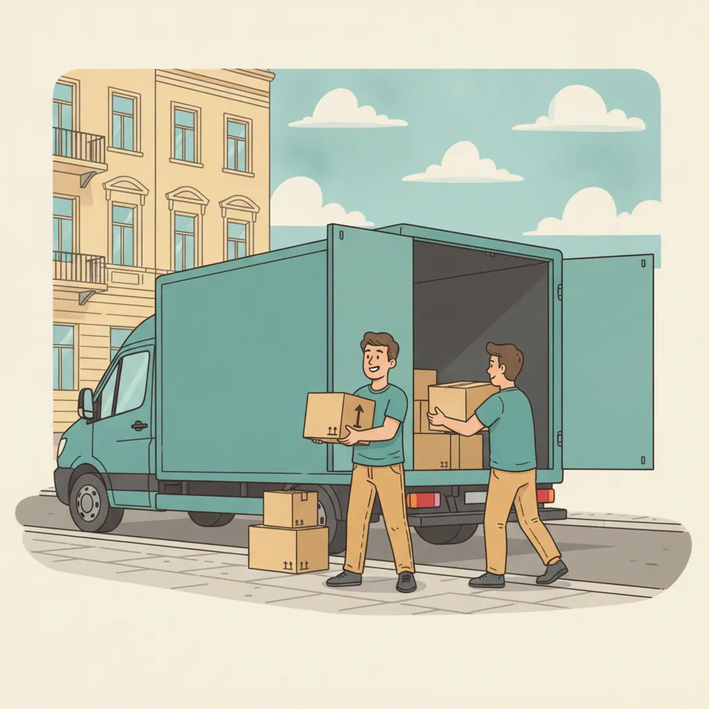 Comic-Illustration: zwei Helfer heben Umzugskartons in einen bereitstehenden Transporter – Be- und Entladehilfe in Berlin