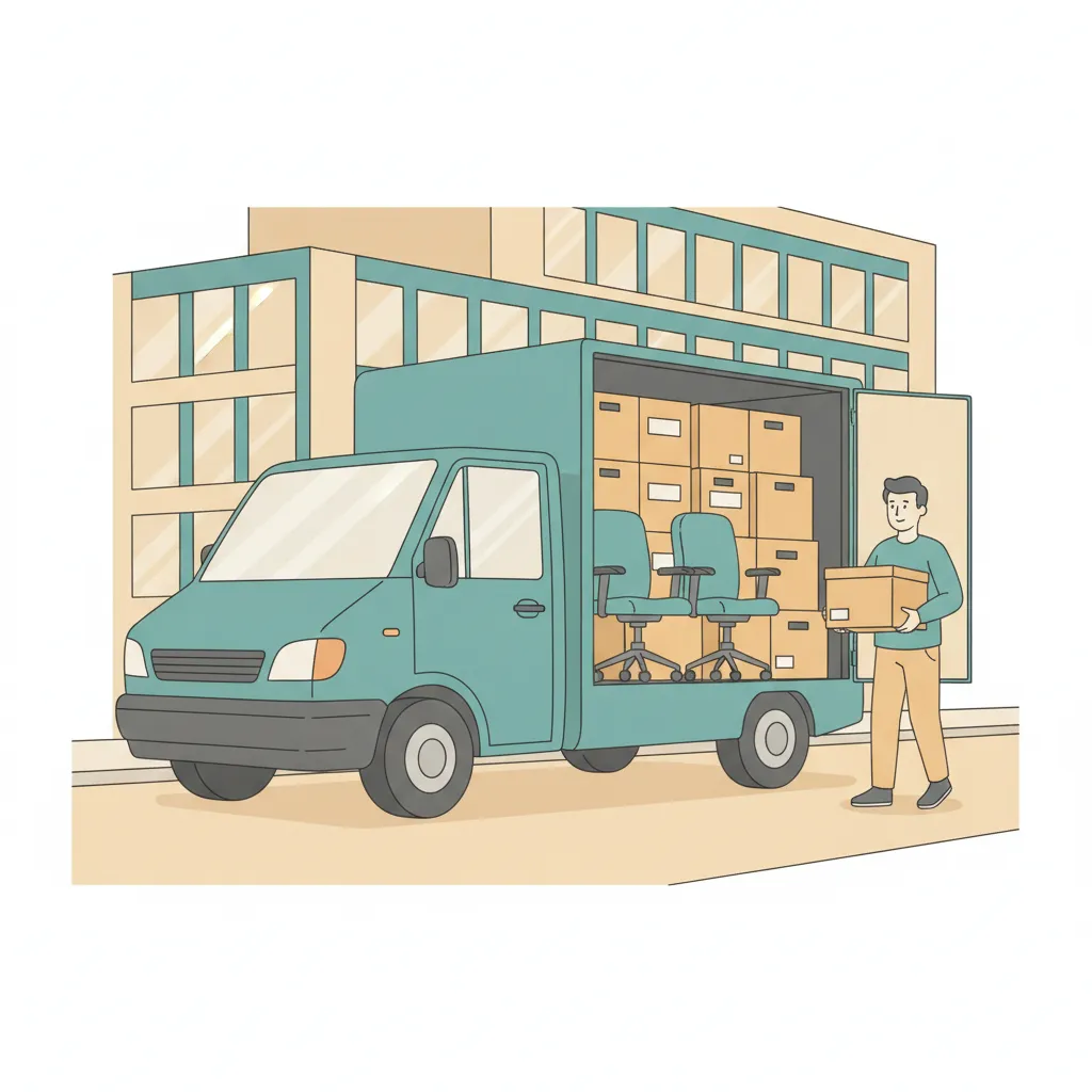 Comic-Illustration: Aktenkartons und Bürostühle werden in einen teal Transporter vor einem sachlichen Behördengebäude in Berlin geladen – Behördenumzug Berlin