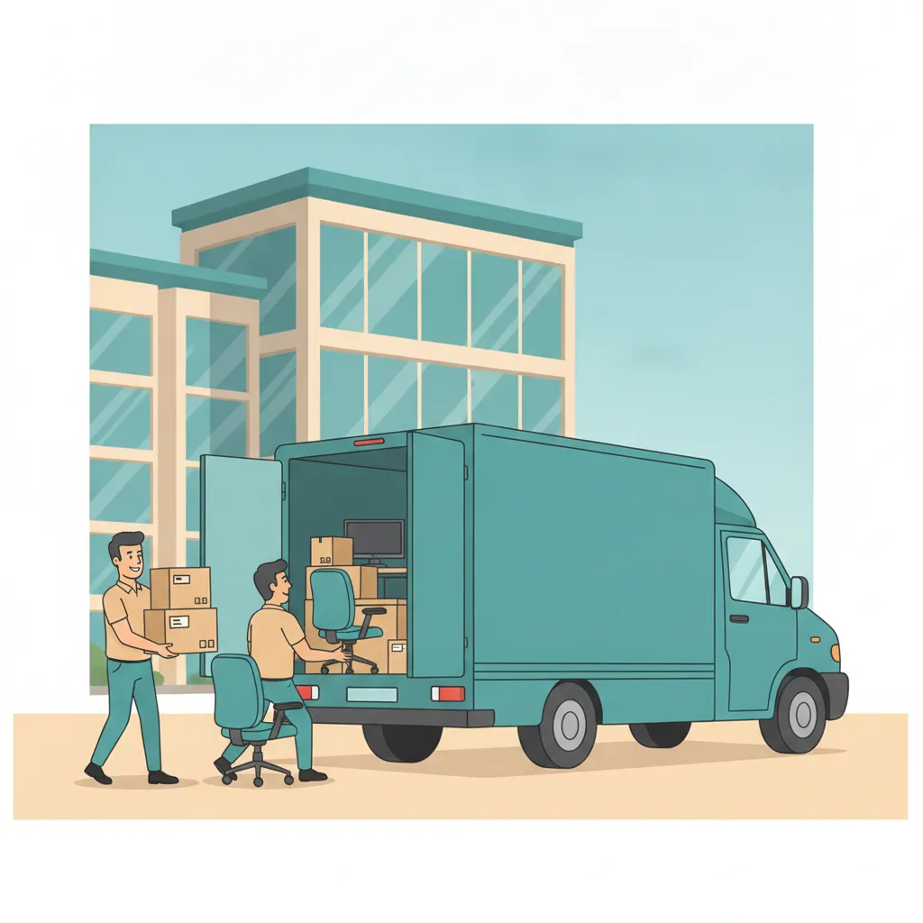 Comic-Illustration: Bürostühle, Monitore und Aktenkartons werden vor einem Bürogebäude in einen teal Transporter geladen – Büroumzug in Berlin