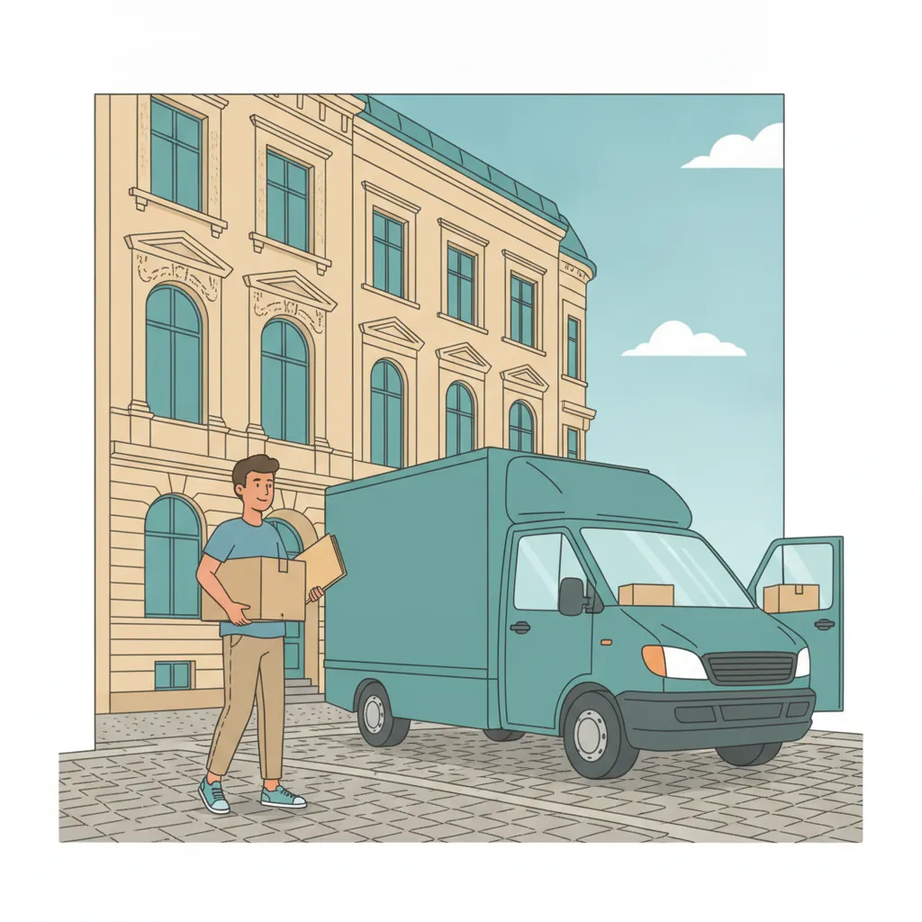 Comic-Illustration: Person mit Umzugskarton und Dokumentenmappe vor einem Berliner Altbau, daneben ein teal Transporter – Jobcenter-Umzug in Berlin