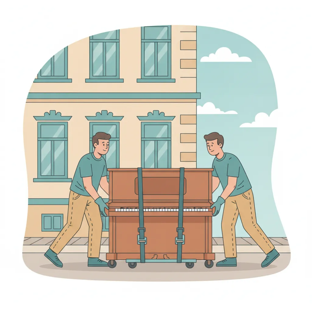 Comic-Illustration: zwei Träger bewegen ein aufrechtes Klavier auf einem Klavierroller mit Gurten vor einem Berliner Altbau – Klaviertransport in Berlin