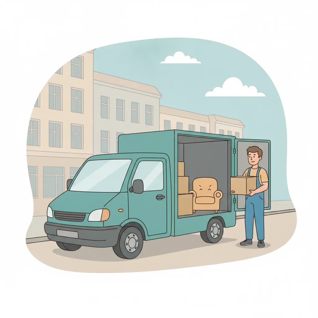 Comic-Illustration: kleiner Transporter (Möbeltaxi) lädt in einer Berliner Straße ein Sofa – Kleintransport in Berlin