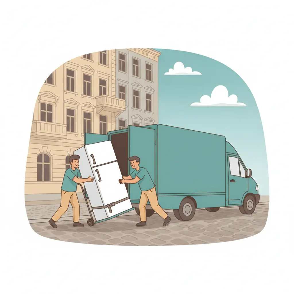 Comic-Illustration: zwei Träger bewegen einen Kühlschrank gesichert auf einer Sackkarre in einen teal Transporter – Kühlschranktransport in Berlin