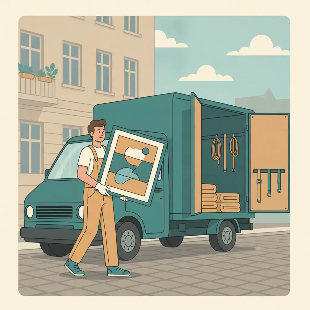 Comic-Illustration: Träger mit Handschuhen trägt ein gerahmtes Gemälde vorsichtig zu einem teal Transporter – Kunsttransport in Berlin