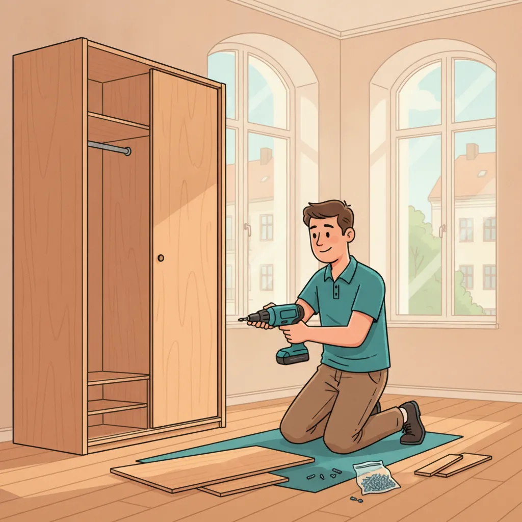 Comic-Illustration: Monteur baut mit Akkuschrauber einen Kleiderschrank in einer hellen Berliner Altbauwohnung auf – Möbelmontage in Berlin