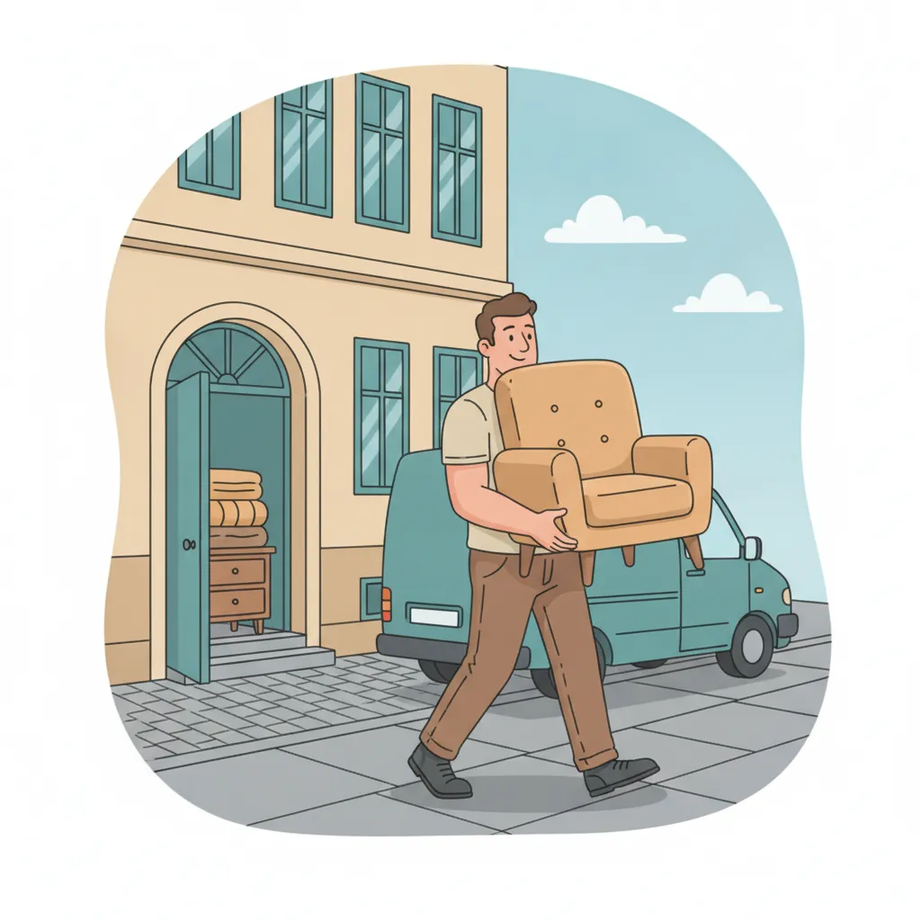 Comic-Illustration: ein Träger trägt einen Sessel vom kleinen Möbeltaxi-Transporter zur Haustür eines Berliner Altbaus – Möbeltaxi in Berlin