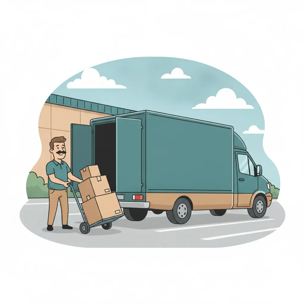 Comic-Illustration: Träger lädt flache Flatpack-Kartons mit einer Sackkarre in einen Transporter auf einem Möbelhaus-Parkplatz – IKEA-Transport in Berlin