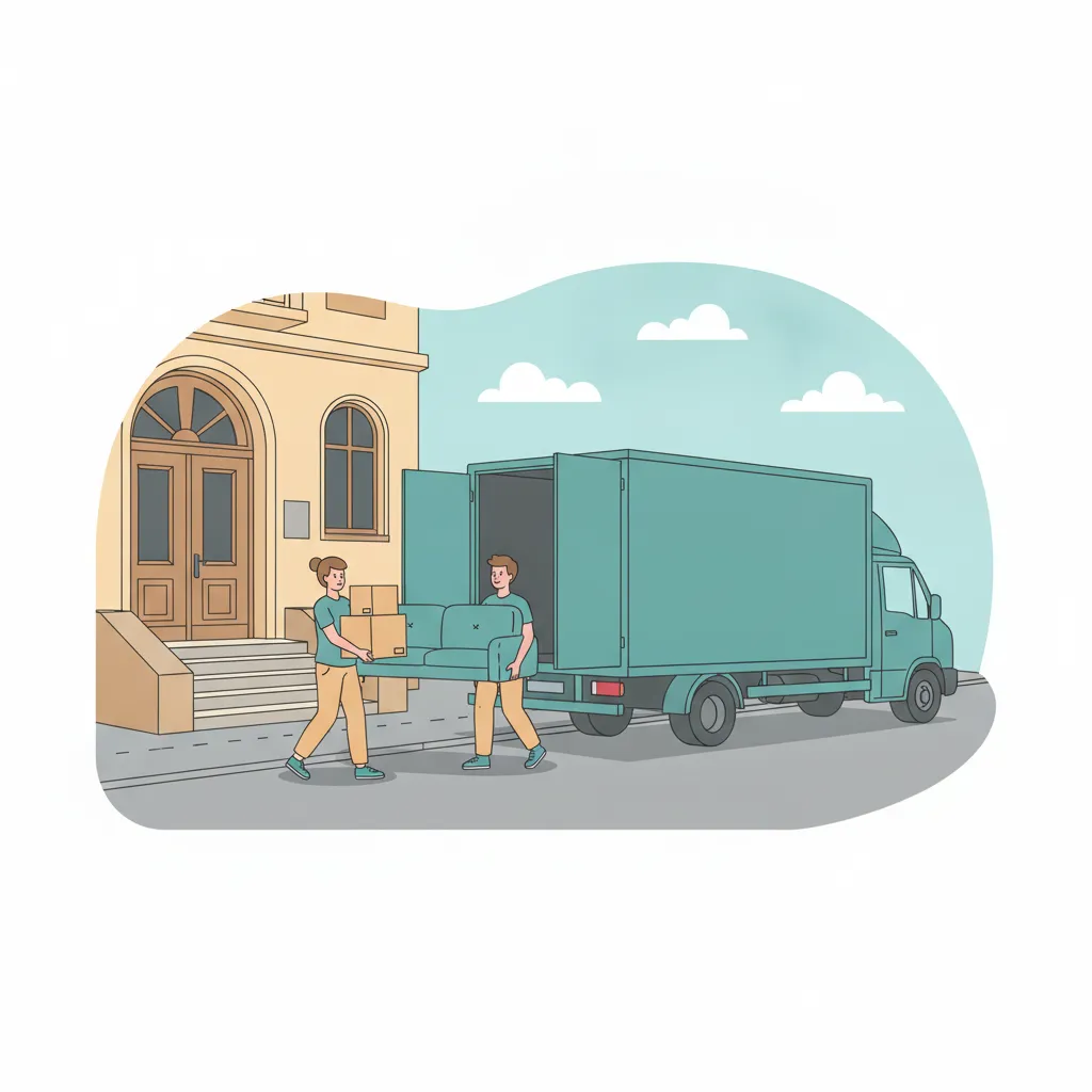 Comic-Illustration: zweiköpfiges Umzugsteam trägt Kartons und ein Sofa aus einem Berliner Altbau in einen Umzugs-LKW – Privatumzug in Berlin