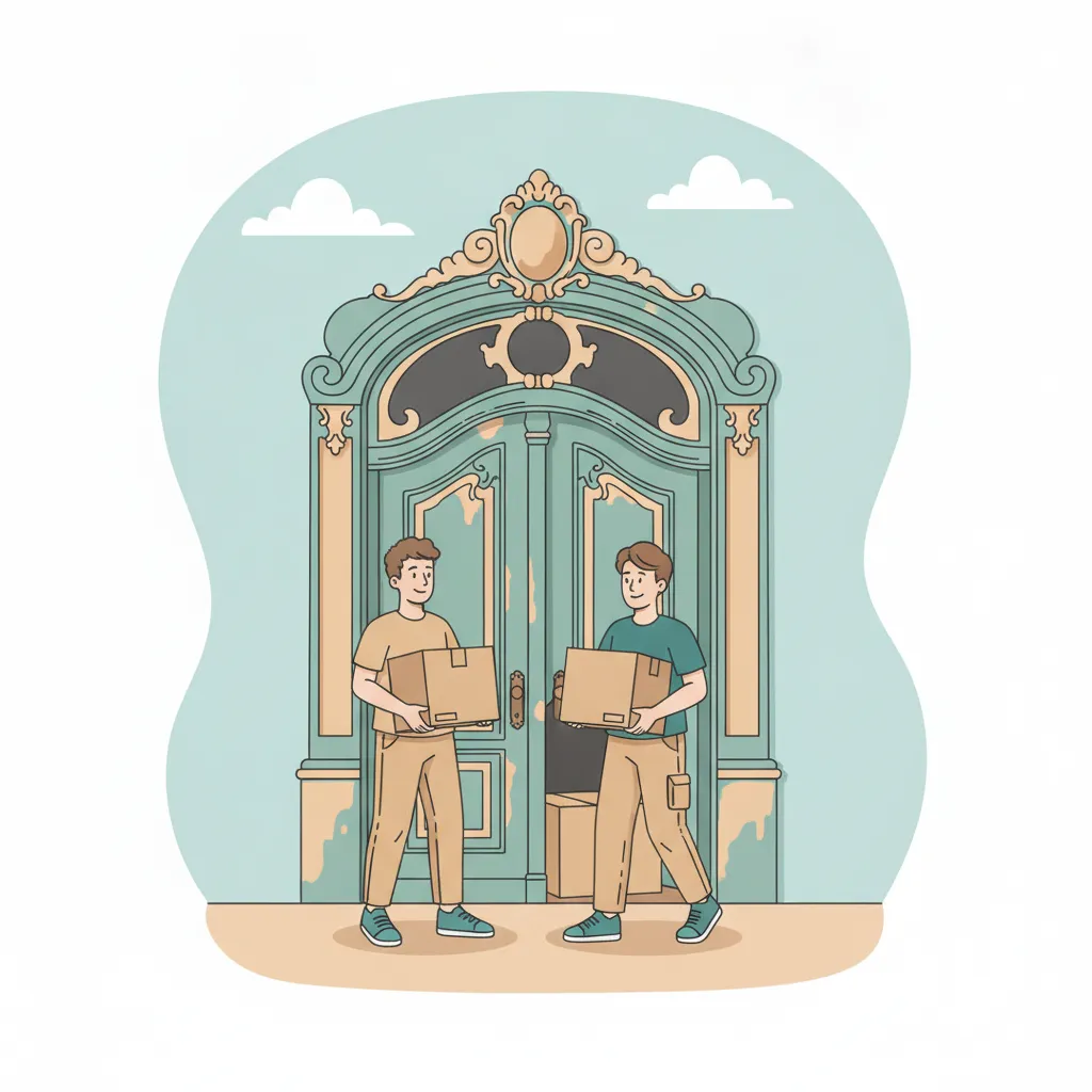 Comic-Illustration: zwei junge Umzugshelfer tragen Umzugskartons aus einem Berliner Altbau-Eingang – studentische Umzugshilfe in Berlin