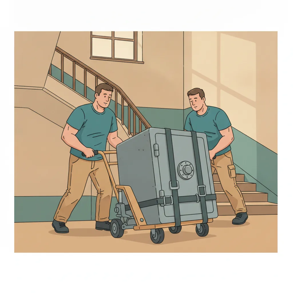 Comic-Illustration: zwei Träger bewegen einen schweren Tresor auf einem Schwerlast-Treppensteiger durch ein Berliner Treppenhaus – Tresortransport in Berlin
