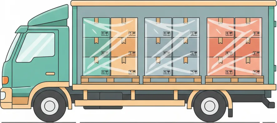 Comic-Illustration: Transporter mit mehreren stretchfolierten Paletten in unterschiedlichen Farben – jede Palette steht für einen Kunden – auf der Strecke Berlin–Aachen