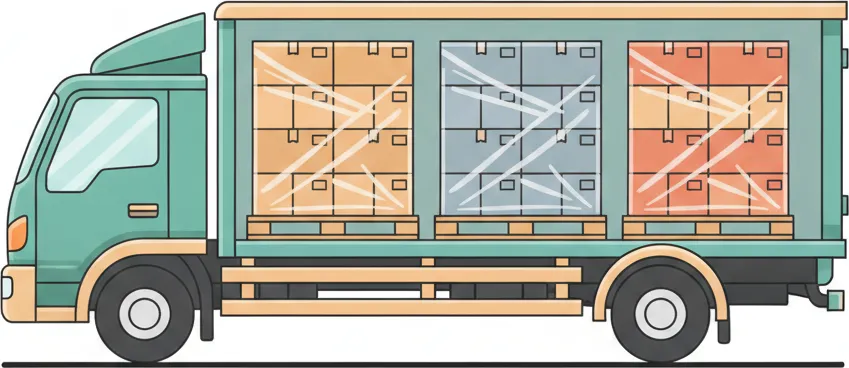 Comic-Illustration: Transporter mit mehreren stretchfolierten Paletten in unterschiedlichen Farben – jede Palette steht für einen Kunden – auf der Strecke Berlin–Augsburg