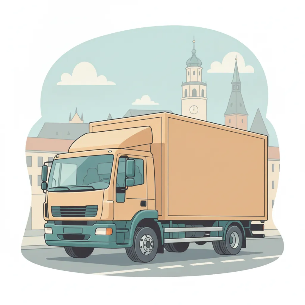 Comic-Illustration: geschlossener Umzugstransporter erreicht Augsburg – Beiladung von Berlin nach Augsburg