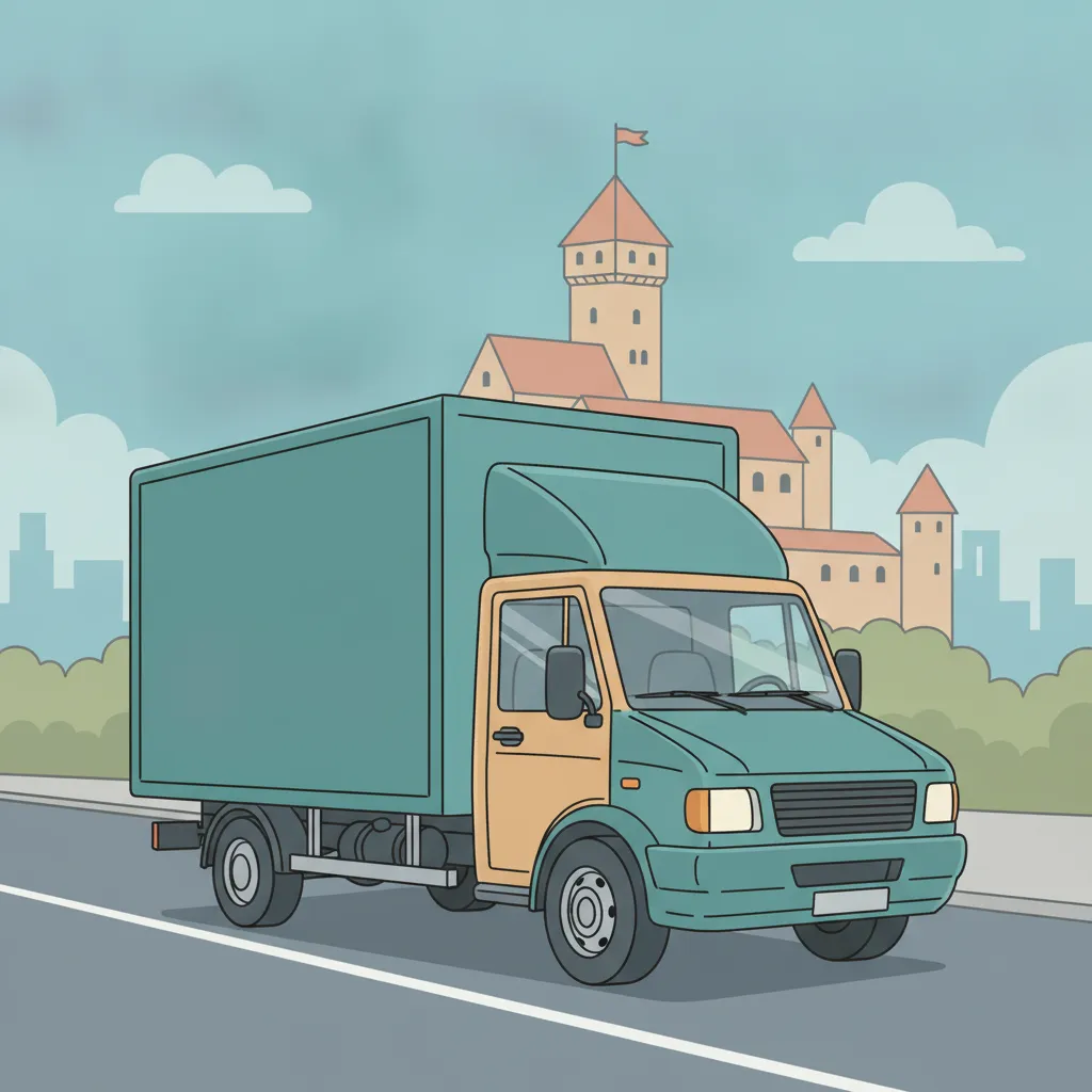 Comic-Illustration: geschlossener Umzugstransporter erreicht Bielefeld – Beiladung von Berlin nach Bielefeld