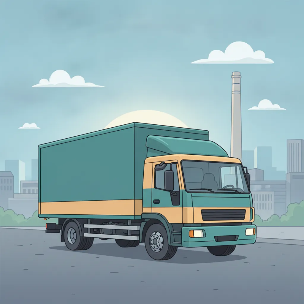 Comic-Illustration: geschlossener Umzugstransporter erreicht Bochum – Beiladung von Berlin nach Bochum