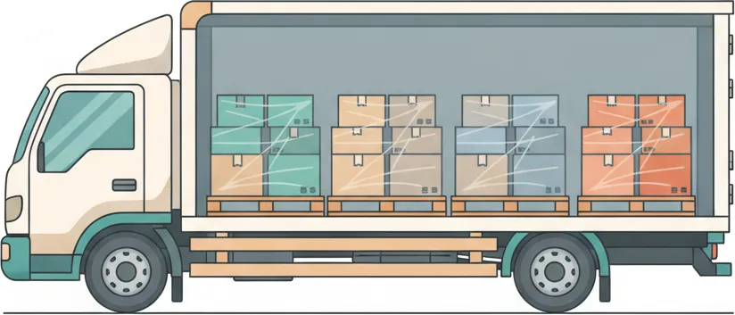 Comic-Illustration: Transporter mit mehreren stretchfolierten Paletten in unterschiedlichen Farben – jede Palette steht für einen Kunden – auf der Strecke Berlin–Bonn