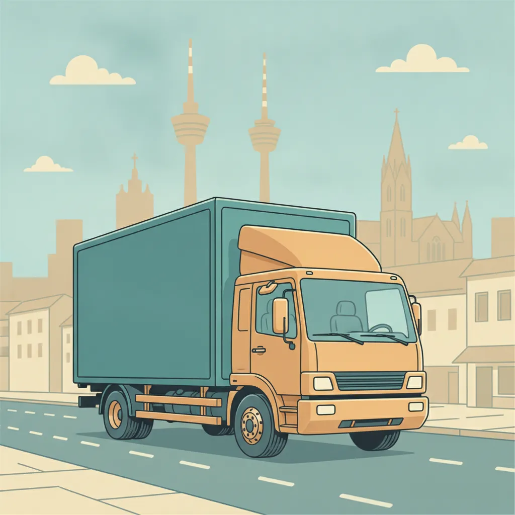 Comic-Illustration: geschlossener Umzugstransporter erreicht Bonn – Beiladung von Berlin nach Bonn