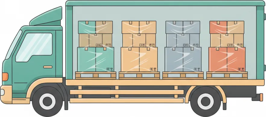 Comic-Illustration: Transporter mit mehreren stretchfolierten Paletten in unterschiedlichen Farben – jede Palette steht für einen Kunden – auf der Strecke Berlin–Braunschweig