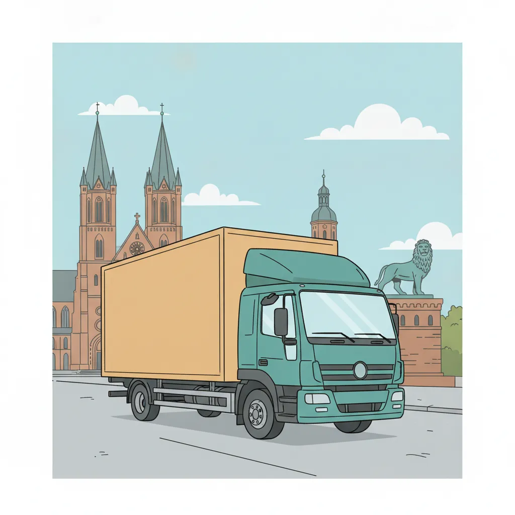 Comic-Illustration: geschlossener Umzugstransporter erreicht Braunschweig – Beiladung von Berlin nach Braunschweig