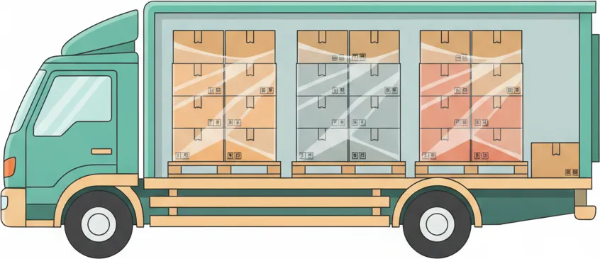 Comic-Illustration: Transporter mit mehreren stretchfolierten Paletten in unterschiedlichen Farben – jede Palette steht für einen Kunden – auf der Strecke Berlin–Bremen