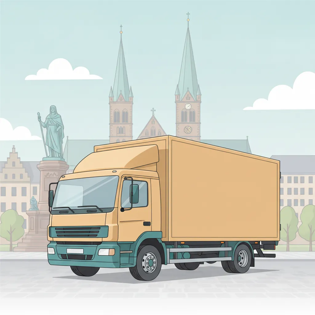 Comic-Illustration: geschlossener Umzugstransporter erreicht Bremen – Beiladung von Berlin nach Bremen