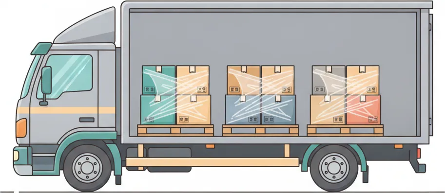 Comic-Illustration: Transporter mit mehreren stretchfolierten Paletten in unterschiedlichen Farben – jede Palette steht für einen Kunden – auf der Strecke Berlin–Bremerhaven