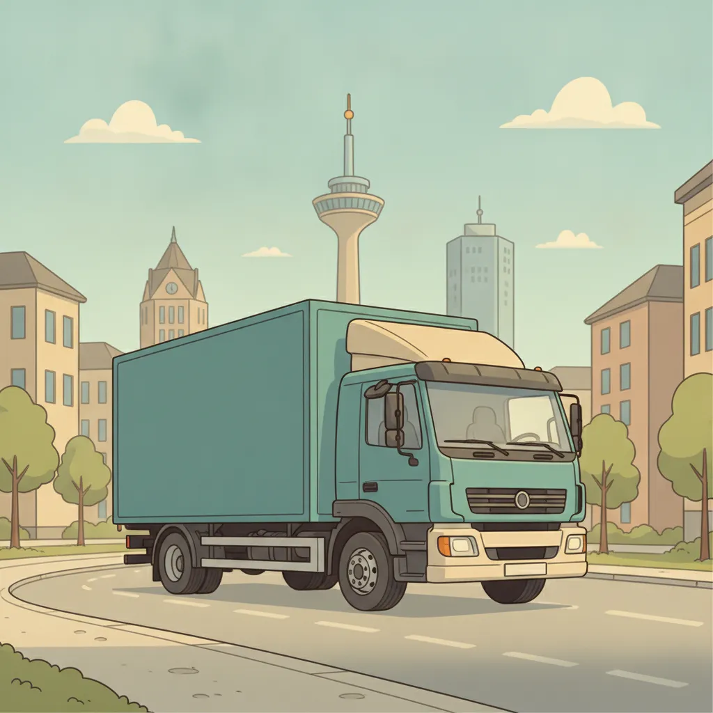 Comic-Illustration: geschlossener Umzugstransporter erreicht Dortmund – Beiladung von Berlin nach Dortmund