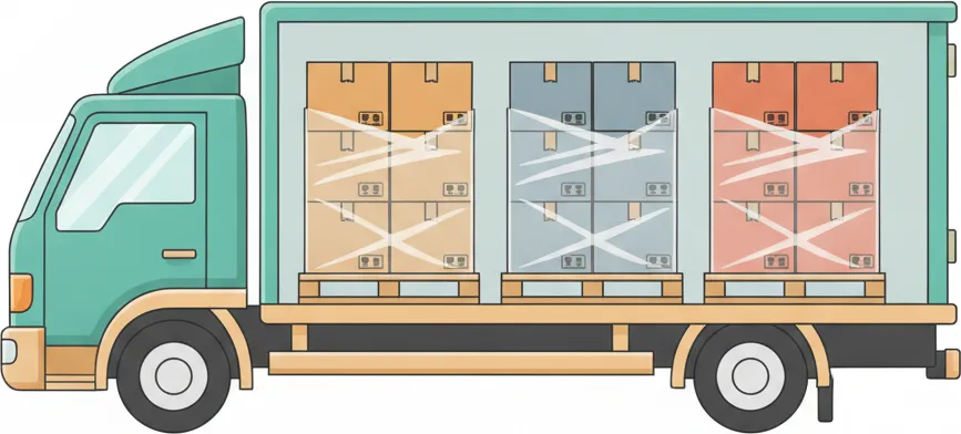 Comic-Illustration: Transporter mit mehreren stretchfolierten Paletten in unterschiedlichen Farben – jede Palette steht für einen Kunden – auf der Strecke Berlin–Dresden