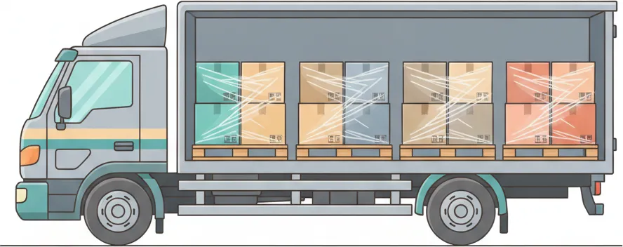 Comic-Illustration: Transporter mit mehreren stretchfolierten Paletten in unterschiedlichen Farben – jede Palette steht für einen Kunden – auf der Strecke Berlin–Düsseldorf