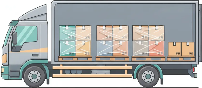 Comic-Illustration: Transporter mit mehreren stretchfolierten Paletten in unterschiedlichen Farben – jede Palette steht für einen Kunden – auf der Strecke Berlin–Duisburg