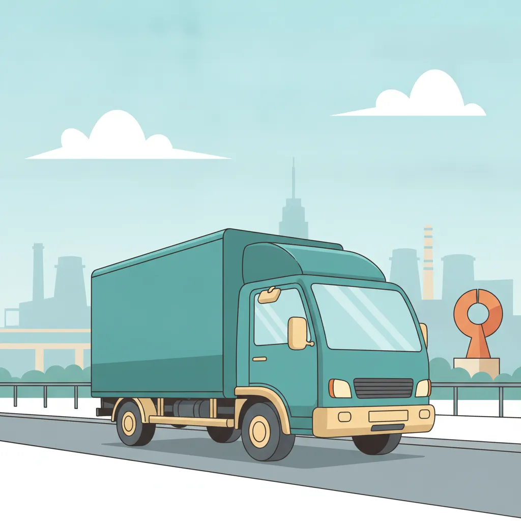Comic-Illustration: geschlossener Umzugstransporter erreicht Duisburg – Beiladung von Berlin nach Duisburg