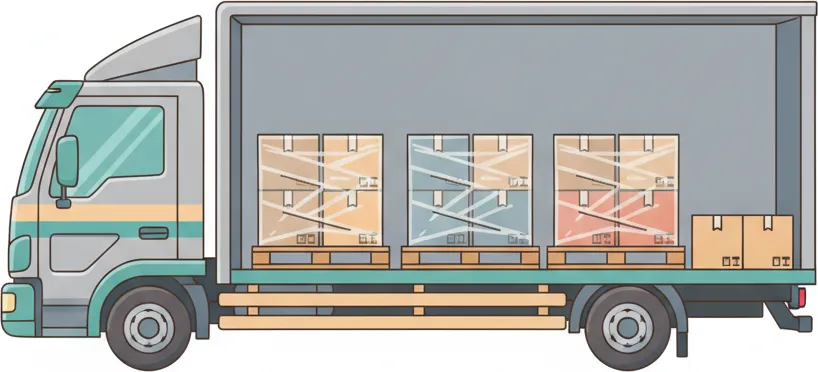 Comic-Illustration: Transporter mit mehreren stretchfolierten Paletten in unterschiedlichen Farben – jede Palette steht für einen Kunden – auf der Strecke Berlin–Erfurt