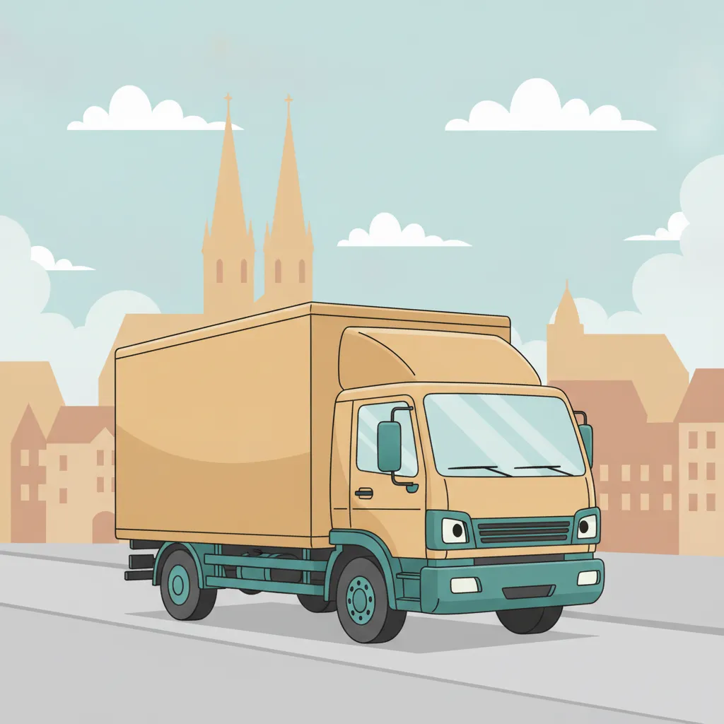 Comic-Illustration: geschlossener Umzugstransporter erreicht Erfurt – Beiladung von Berlin nach Erfurt