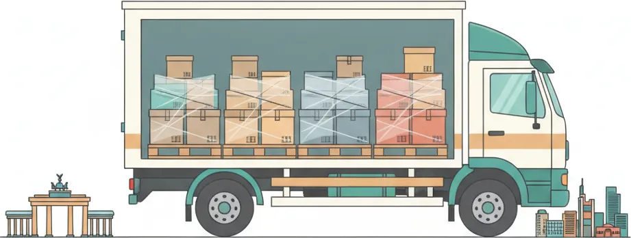 Comic-Illustration: Transporter mit mehreren stretchfolierten Paletten in unterschiedlichen Farben – jede Palette steht für einen Kunden – auf der Strecke Berlin–Frankfurt