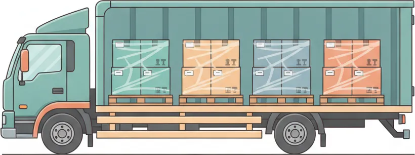 Comic-Illustration: Transporter mit mehreren stretchfolierten Paletten in unterschiedlichen Farben – jede Palette steht für einen Kunden – auf der Strecke Berlin–Freiburg