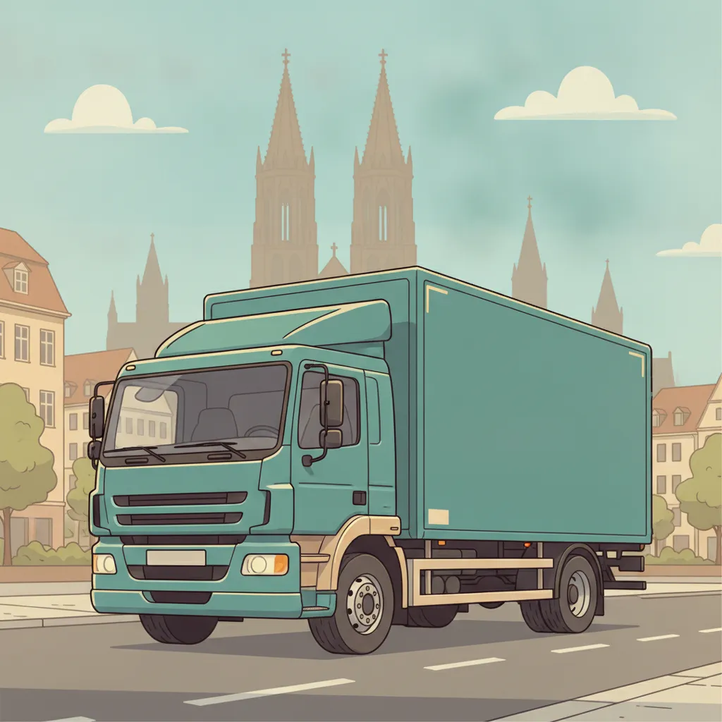 Comic-Illustration: geschlossener Umzugstransporter erreicht Freiburg – Beiladung von Berlin nach Freiburg