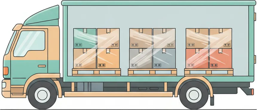 Comic-Illustration: Transporter mit mehreren stretchfolierten Paletten in unterschiedlichen Farben – jede Palette steht für einen Kunden – auf der Strecke Berlin–Gelsenkirchen