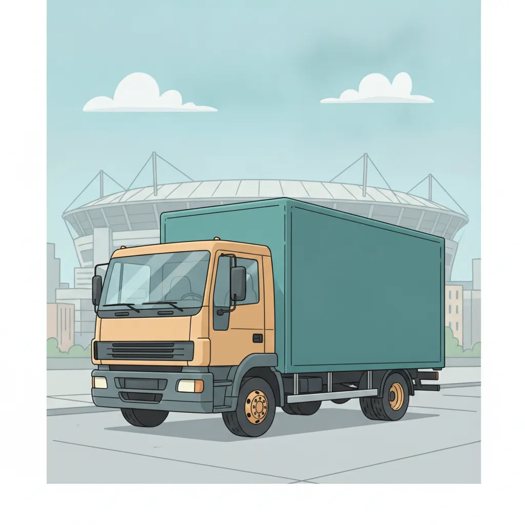 Comic-Illustration: geschlossener Umzugstransporter erreicht Gelsenkirchen – Beiladung von Berlin nach Gelsenkirchen