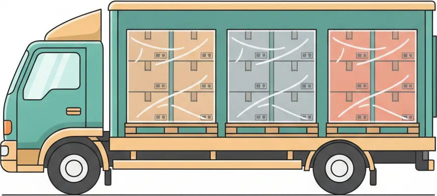 Comic-Illustration: Transporter mit mehreren stretchfolierten Paletten in unterschiedlichen Farben – jede Palette steht für einen Kunden – auf der Strecke Berlin–Göttingen