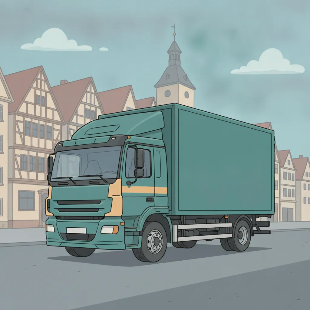 Comic-Illustration: geschlossener Umzugstransporter erreicht Göttingen – Beiladung von Berlin nach Göttingen