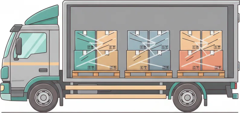Comic-Illustration: Transporter mit mehreren stretchfolierten Paletten in unterschiedlichen Farben – jede Palette steht für einen Kunden – auf der Strecke Berlin–Halle (Saale)