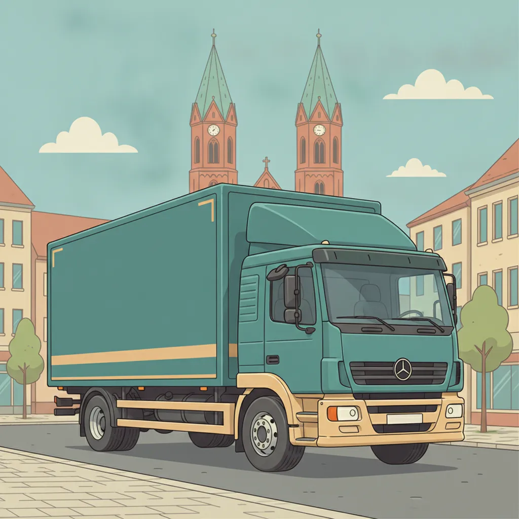 Comic-Illustration: geschlossener Umzugstransporter erreicht Halle (Saale) – Beiladung von Berlin nach Halle (Saale)