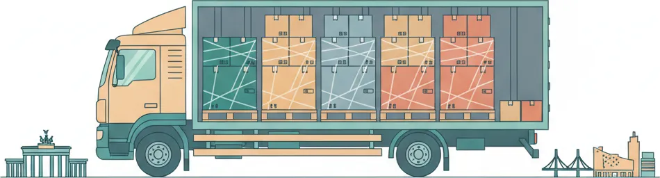Comic-Illustration: Transporter mit mehreren stretchfolierten Paletten in unterschiedlichen Farben – jede Palette steht für einen Kunden – auf der Strecke Berlin–Hamburg