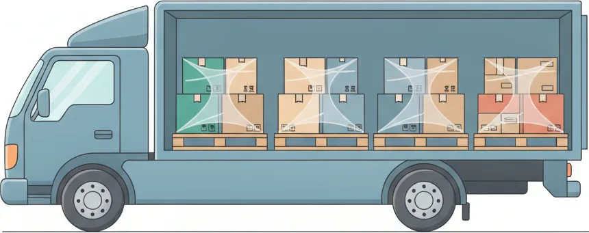 Comic-Illustration: Transporter mit mehreren stretchfolierten Paletten in unterschiedlichen Farben – jede Palette steht für einen Kunden – auf der Strecke Berlin–Hannover