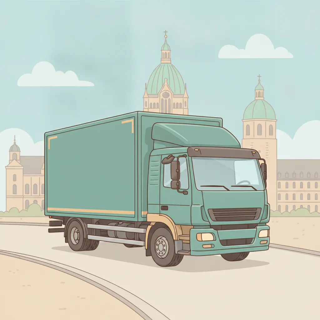 Comic-Illustration: geschlossener Umzugstransporter erreicht Hannover – Beiladung von Berlin nach Hannover