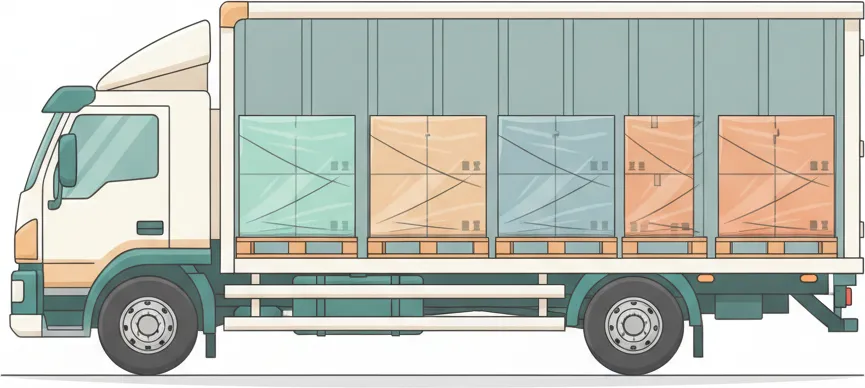 Comic-Illustration: Transporter mit mehreren stretchfolierten Paletten in unterschiedlichen Farben – jede Palette steht für einen Kunden – auf der Strecke Berlin–Heidelberg